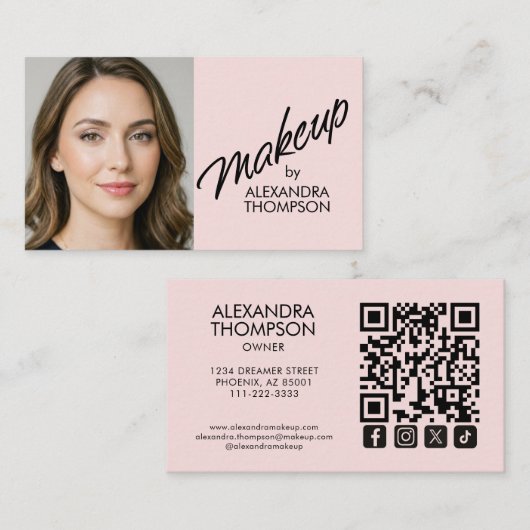Blush Pink Black Script Qr Code Social Icon Makeup Visitenkarte (Vorne/Hinten)