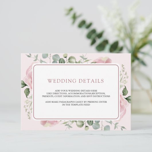 Blush Pink Bläschen Eukalyptus Hochzeitdetails Begleitkarte (Stehend Vorderseite)