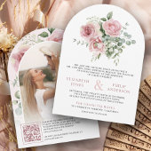 Blush Pink Bläschen Eukalyptus QR Foto Hochzeit Einladung