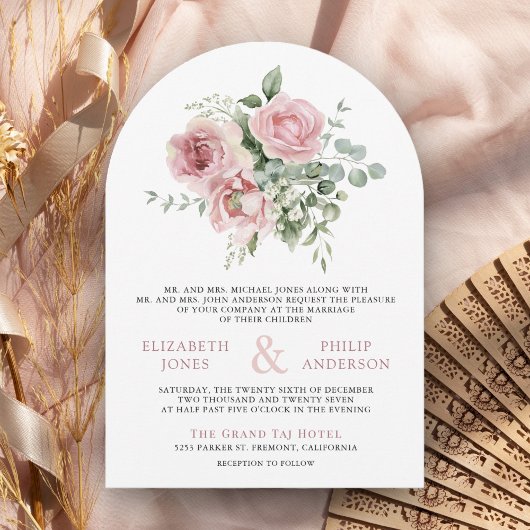 Blush Pink Bläschen Eukalyptus QR Foto Hochzeit Einladung