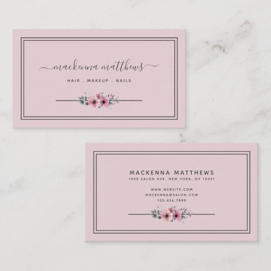  Blush Pink Bläserne Signatur Script Haare Stillis Visitenkarte (Vorne/Hinten)