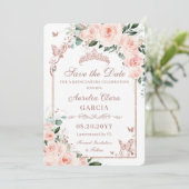 Blush Pink Bläsersüß 16 Rose Gold Quinceañera Save The Date (Stehend Vorderseite)