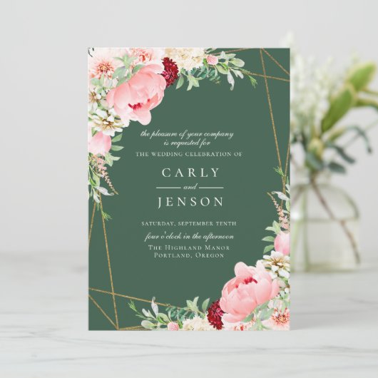 Blush Pink Blau Geometrische grüne Hochzeit Einladung (Stehend Vorderseite)