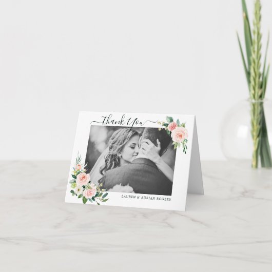 Blush Pink Bloom Wedding Danke Foto Card (Vorderseite)