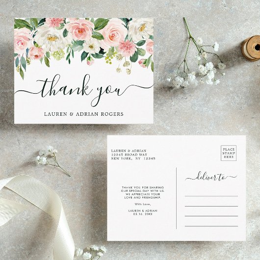 Blush Pink Bloom Wedding Danke Postkarte