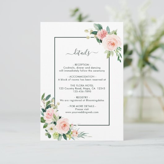 Blush Pink Bloom Wedding Details Begleitkarte (Stehend Vorderseite)