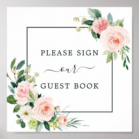 Blush Pink Bloom Wedding Guest Book Square Zeichen Poster (Vorne)