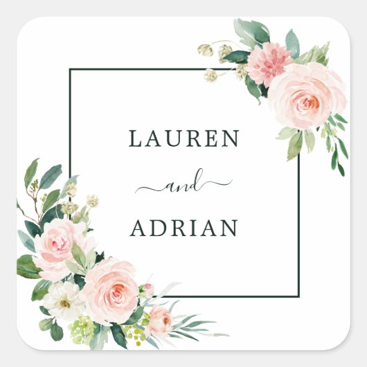 Blush Pink Bloom Wedding Quadratischer Aufkleber (Vorderseite)