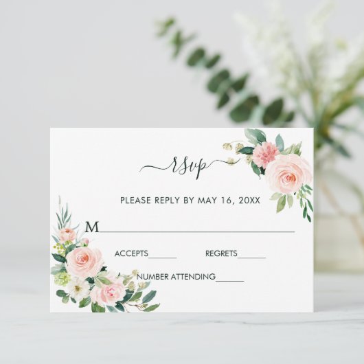 Blush Pink Bloom Wedding RSVP Card (Stehend Vorderseite)