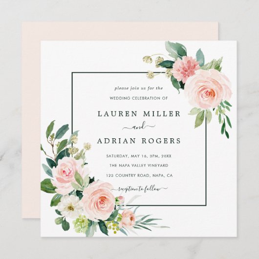 Blush Pink Bloom Wedding Square Einladung (Vorne/Hinten)