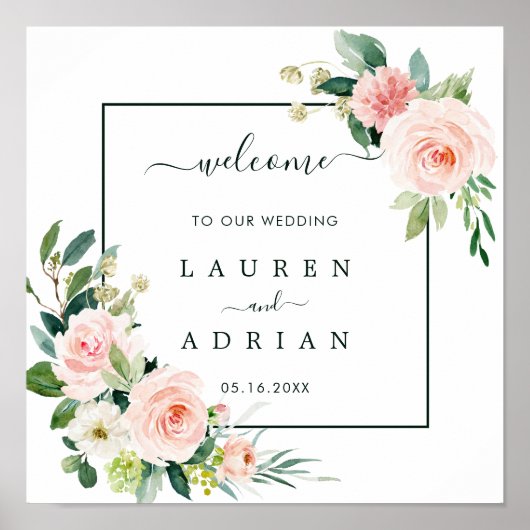 Blush Pink Bloom Wedding Welcome Square Sign Poster (Vorne)