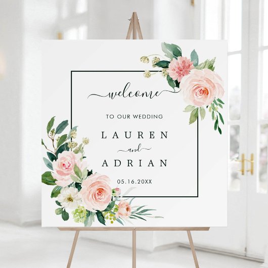 Blush Pink Bloom Wedding Welcome Square Sign Poster
