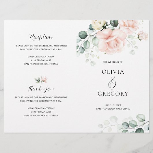 Blush Pink Blooms Hochzeitsprogramm (Vorderseite)