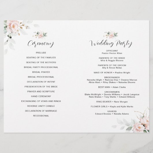 Blush Pink Blooms Hochzeitsprogramm (Rückseite)