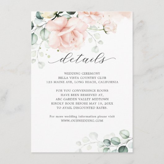 Blush Pink Blooms Wedding Details Enclosure Card Begleitkarte (Vorderseite)
