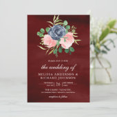 Blush Pink Bloral All in One Burgundy Wedding Einladung (Stehend Vorderseite)