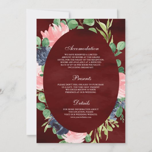 Blush Pink Bloral All in One Burgundy Wedding Einladung (Rückseite)