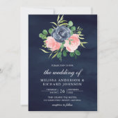 Blush Pink Bloral All in One Navy Blue Wedding Einladung (Vorderseite)
