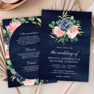 Blush Pink Bloral All in One Navy Blue Wedding Einladung