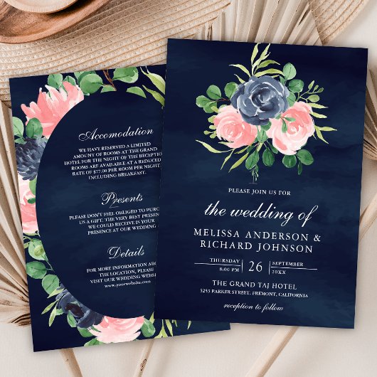 Blush Pink Bloral All in One Navy Blue Wedding Einladung