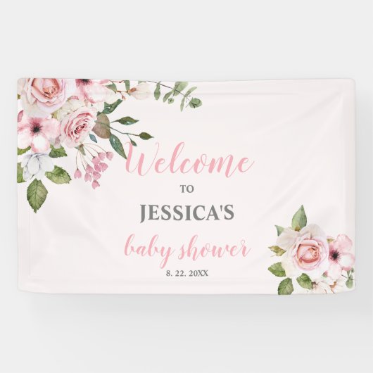 Blush Pink Bloral Baby Dusche Begrüßungszeichen, P Banner (Horizontal)