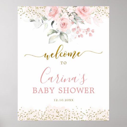 Blush Pink Bloral Baby Dusche Begrüßungszeichen Poster (Vorne)