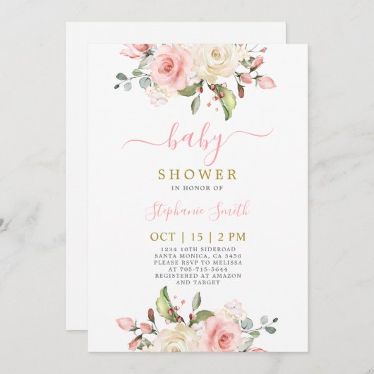 Blush Pink Bloral Baby Dusche Girl Einladung (Vorne/Hinten)