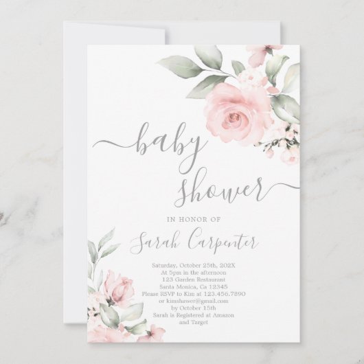 Blush pink Bloral Baby Dusche Girl Einladung (Vorderseite)