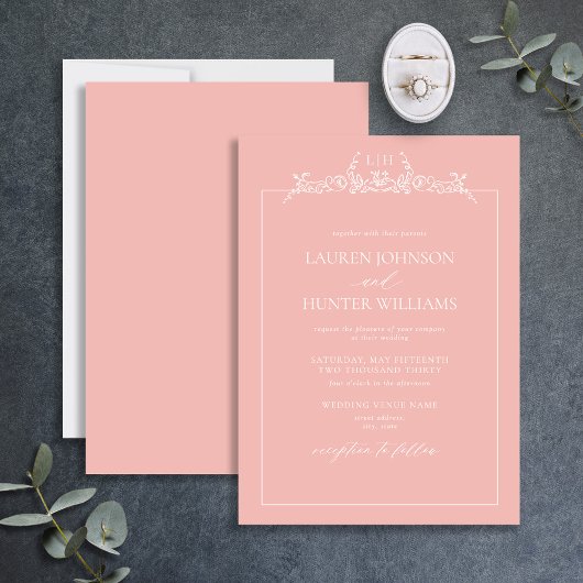 Blush Pink Bloral Border Monogram Wedding Einladung