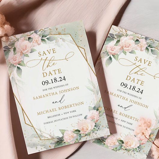 Blush Pink Bloral Eukalyptus Gold Frame Save The Date