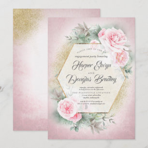 Blush Pink Bloral Geometric Frame Engagement Party Einladung