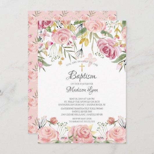 Blush Pink Bloral Girl Taufe Einladung (Vorne/Hinten)