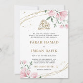 Blush Pink Bloral Gold Border Muslim Wedding Einladung (Vorderseite)