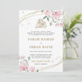 Blush Pink Bloral Gold Border Muslim Wedding Einladung (Stehend Vorderseite)