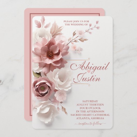 Blush Pink Bloral Hochzeit Einladung Weiße Blume (Vorne/Hinten)