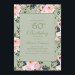 Blush Pink Bloral Mint Green 60. Geburtstag Einladung<br><div class="desc">Schönes und elegantes Rosa und marineblau Aquarell Blumen auf Minzgrün 60. Geburtstagsfeier Einladung für Frauen. Kontaktieren Sie uns für Hilfe bei der Anpassung oder Anpassung von Produkten</div>