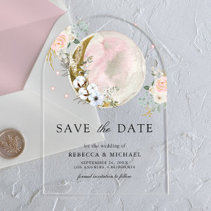 Blush Pink Bloral Moon Hochzeit Save the Date Acryleinladungen