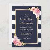 Blush Pink Bloral Navy Blau Streifen Hochzeit Einladung (Vorderseite)