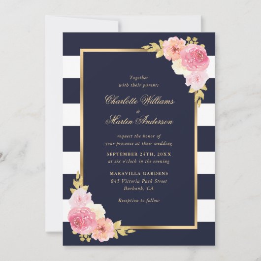 Blush Pink Bloral Navy Blau Streifen Hochzeit Einladung (Vorderseite)