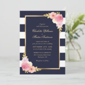 Blush Pink Bloral Navy Blau Streifen Hochzeit Einladung (Stehend Vorderseite)