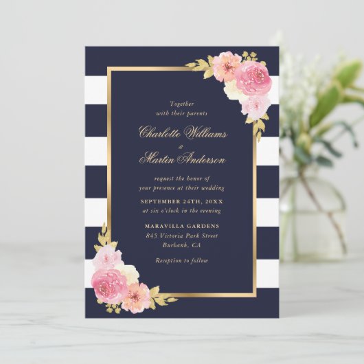 Blush Pink Bloral Navy Blau Streifen Hochzeit Einladung (Stehend Vorderseite)