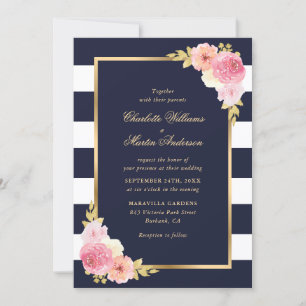 Blush Pink Bloral Navy Blau Streifen Hochzeit Einladung