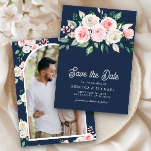 Blush Pink Bloral Navy Blue Foto Hochzeit Save The Date