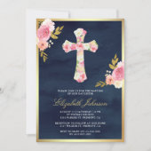 Blush Pink Bloral Navy Blue Gold Taufe Einladung (Vorderseite)