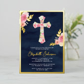 Blush Pink Bloral Navy Blue Taufen Gold Foil Folieneinladung (Stehend vorne)
