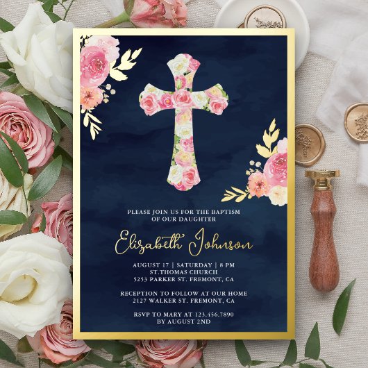Blush Pink Bloral Navy Blue Taufen Gold Foil Folieneinladung
