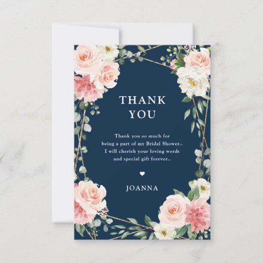 Blush Pink Bloral Navy Geometric Botanical Wedding Dankeskarte (Vorderseite)