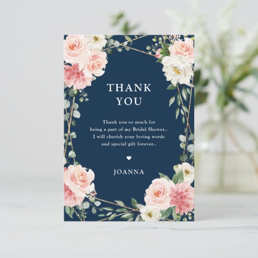 Blush Pink Bloral Navy Geometric Botanical Wedding Dankeskarte (Stehend Vorderseite)