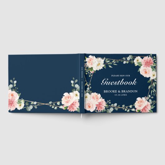 Blush Pink Bloral Navy Geometric Botanical Wedding Gästebuch (Voll)