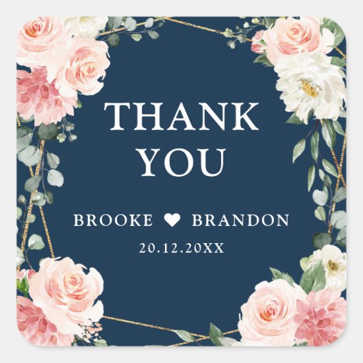 Blush Pink Bloral Navy Geometric Botanical Wedding Quadratischer Aufkleber (Vorderseite)